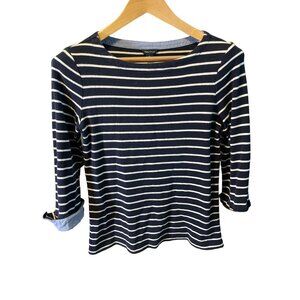 Nautica Navy Blue Boatneck Horizontal Stripe 3/4 Sleeve Pullover Top Sz M